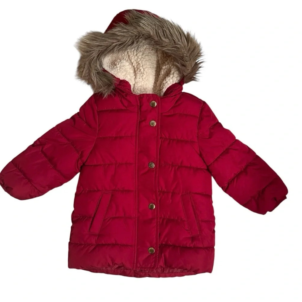 Old Navy toddler girls Sherpa maroon quilted winter fur hood parka jacket Sz 2T